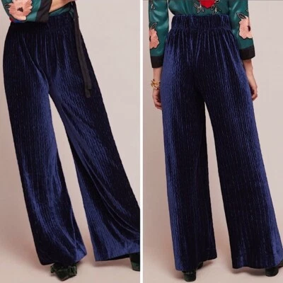 Pantalones Anthropologie The Odells Pierna Ancha Espiga Terciopelo Texturizado Azul Marino S Foto 1 de 4