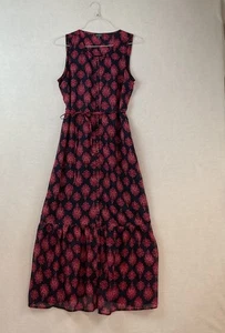 Lucky Brand Maxi Dress Womens M Navy Blue Red Floral Sleeveless Sheer Ruffle - Picture 1 of 13