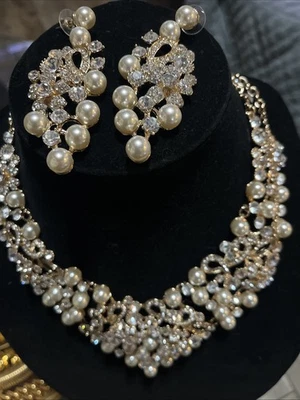 Gorgeous Faux Pearl Rhinestone Fancy Necklace and Earring Set for Party, Wedding - Image 1 of 4
