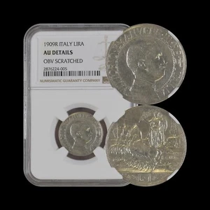 ITALY. 1909, 1 Lira, Silver, R - NGC AU - VEIII, Italia Turrita, Quadriga ๐ - Picture 1 of 6