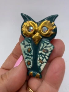 Green Ceramic Pin Owl  - Picture 1 of 7