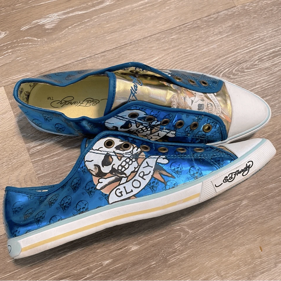 Ed Hardy vintage low top pointed toe metallic gold blue Y2K goth sneakers 8 - Image 1 of 4