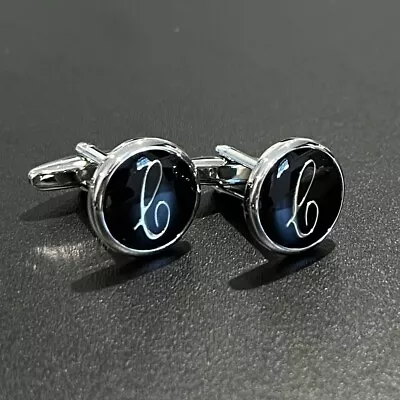 Black Round Name Initial Alphabet Letter Cufflinks Men Birthday Father’s Day Gif - Image 1 of 4