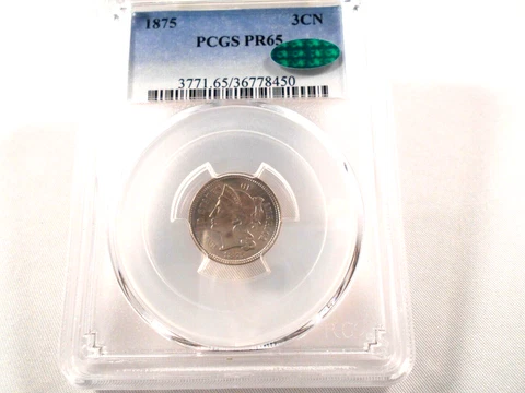 1875 3CN PCGS PR 65 Proof RARE DATE Three Cent Nickel Coin CAC Endorsed Cover