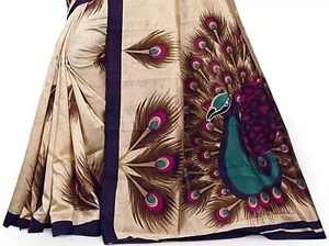 ELEGANT BEAUTIFUL PRINTED COTTON BLEND SILK SAREE FOR WOMEN PEACOCK DESIGNS - Picture 1 of 2