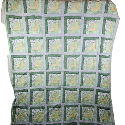 Hand sewn hand made quilt green blue yellow vintage twin size - Image 1 of 4