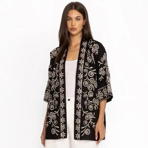 Johnny Was NWT Hannani Linen Kimono Intricately Embroidered Black Cream Size L - Picture 1 of 16