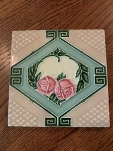 H&R JOHNSON,LTD CRISTAL TMK #754 PINK ROSE/DK GREEN LEAF-BORDER 6X6 TILE-ENGLAND - Picture 1 of 5