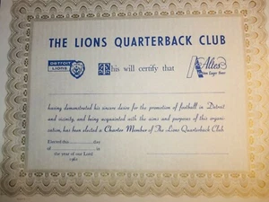 Detroit LIONS QUARTERBACK CLUB Charter Member Zertifikat 1961 Altes Brewing NEUWERTIG - Bild 1 von 11