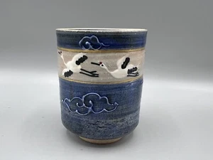Yunomi Kyo Kiyomizu Yaki Pottery Japanese Tea Cup Crane Motif - Picture 1 of 9