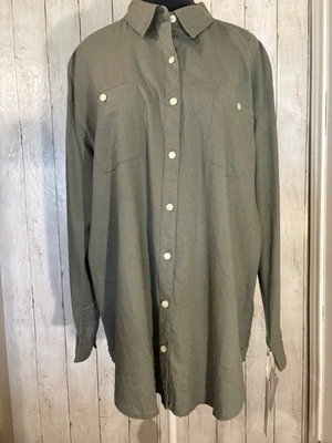 Camisa túnica Caslon mezcla de lino talla L abotonada manga larga verde duna India Foto 1 de 4