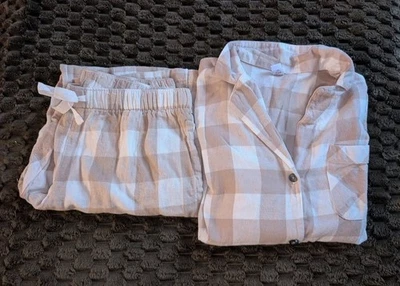 Juego de pijama mediano ANTIGUO AZUL MARINO BRONCEADO/CREMA A CUADROS NUEVO SIN ETIQUETAS Foto 1 de 2