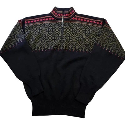 Suéter Meister negro y rojo Fair Isle mezcla de lana cuarto cremallera.  Talla M Foto 1 de 4