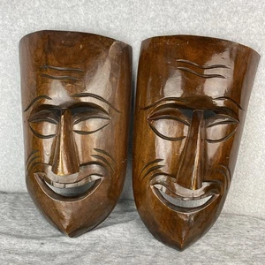 Two Vintage Solid Wood Hand Carved Tiki Mask 14 Inch Polynesian - Picture 1 of 24