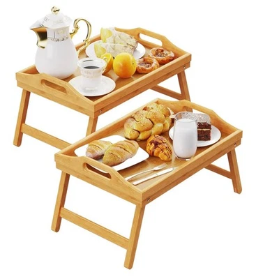 NUEVO - Mesa Bandeja Cama Bambú 2 Piezas con Patas Plegables, Bandejas Desayuno, Como Nueva Foto 1 de 3