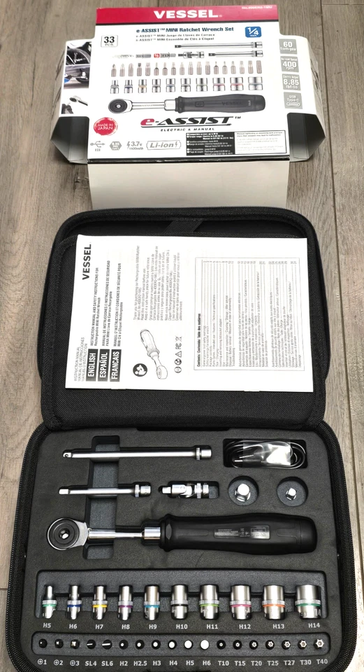 Nuevo trinquete recargable Vessel E-Assist 1/4" con juego de enchufes y brocas #400ER2-1MU Foto 1 de 4