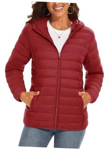  Women's Lightweight Puffer Jacket with Hood Pockets Quilted Medium Dark Orange - Picture 1 of 7