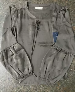 Lucky Brand Top Blouse Gray Long Sleeve Round Neck 1/4 Tie Front Sz XS Free Ship - Picture 1 of 6