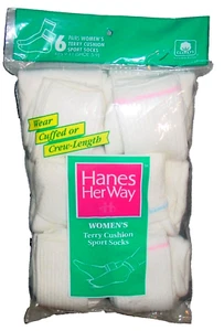 6 Paar Hanes Her Way Bündchen oder Crew Vollfrottee gepolsterte Socken Schuh 5-9 neu aus altem Lagerbestand USA - Bild 1 von 18
