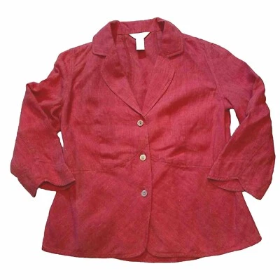 J Jill Linen Blazer Jacket Women's Sz 4 Rhubarb Red Button Down 3/4 Sleeve - Image 1 of 4