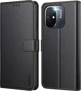 Xiaomi Redmi 12C Leder Handyhülle Klapphülle Schwarz mit Kartenfächer - Bild 1 von 8