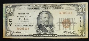 1929 Ty 1 1st Title $50 Butler County NB Butler PA #4374 VF Stained Note C2200 - Picture 1 of 2