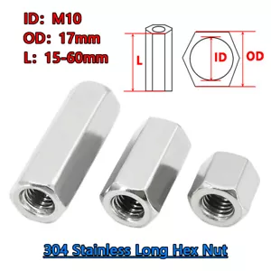 M10 A2 Stainless Steel Sleeve Rod Bar Stud Hex Connector Tube Long Nut 15mm-60mm - Imagen 1 de 17