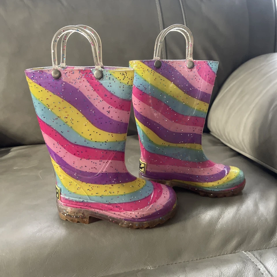 Western Chief девочек 5/6 дождя ботинки розовый фиолетовый блестящий свет вверх туфли - Изображение 1 из 4