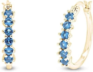 Hoop Earrings Simulated London Blue Topaz 14K Gold Plated 925 Sterling Silver - Picture 1 of 12