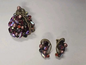 Juego de broches y pendientes vintage Kramer rojo púrpura estrás - Imagen 1 de 10