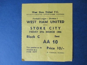 West Ham United v Stoke City First Division March 1964 used ticket stub good cnd - Picture 1 of 2