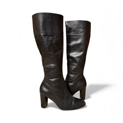 AMANDA SMITH Botas Negras Cuero Tacones Hasta la Rodilla Punta Redonda Mujer’s 9 M Foto 1 de 4