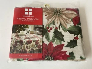 Kmart Essential Home Oblong Tablecloth Silver Metallic Poinsettia 60x84 New VTG - Picture 1 of 5
