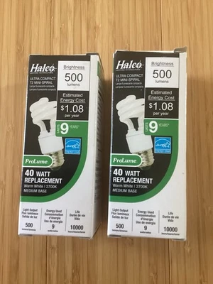 2 Halco Ultra Compact T2 Mini- Spiral 9 Watts 500 Lumens Light Bulbs - Image 1 of 4