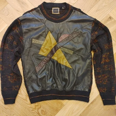 Suéter Vintage Attache Años 80-90 Cuero Tejido Patchwork Para Hombre Talla M Abstracto Pomo Foto 1 de 4