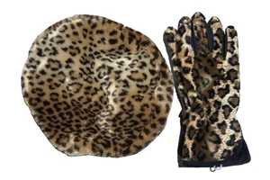 CHAPEAU CASQUETTE LÉOPARD TAM O SHANTER AVEC PETITS GANTS DOUX LÉOPARD/NOIR POUR FEMMES, NEUF ! - Photo 1/5