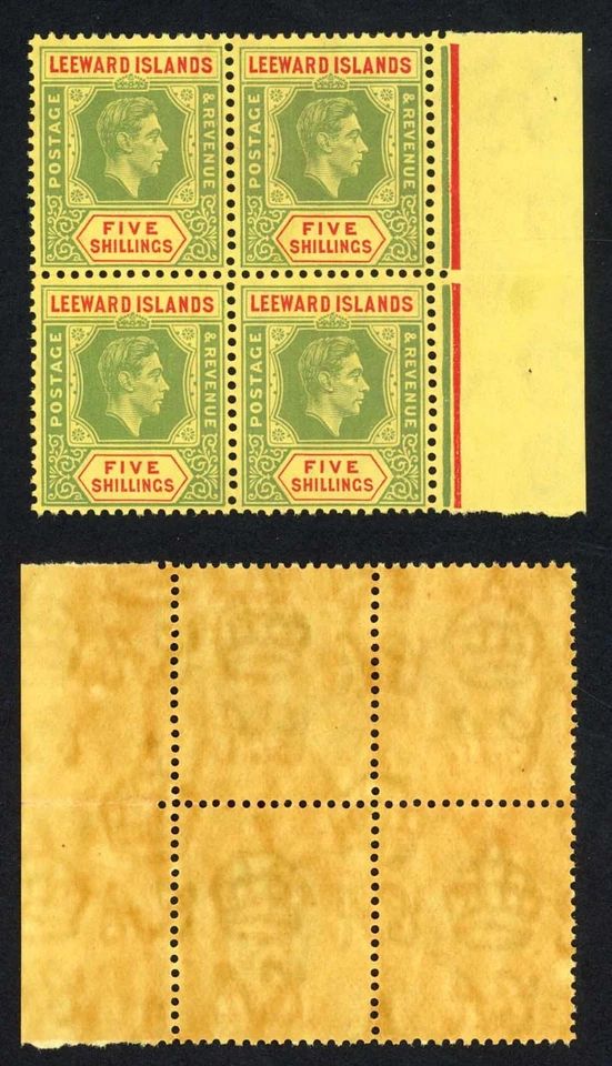 Sotavento Is SG112 1938 5/- verde y rojo sobre papel calcáreo amarillo U/M bloque gato 200 Foto 1 de 1