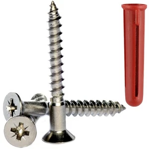 No8 / 4mm A2 Stainless Steel Pozi Countersunk Wood Screws Plus Red Wall Plugs - Picture 1 of 15