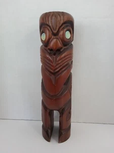 Wood Carved Tiki Abalone Shell Eyes Made In New Zealand Over 10 Inches Tall - Picture 1 of 10