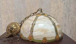 Slag Glass 6 Panels Ceiling Mount Hanging Light Lamp Art Nouveau - Picture 1 of 4