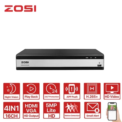 Grabadora DVR híbrida ZOSI H.265+ 16Ch 5mp lite para sistema de cámara de seguridad hogar Foto 1 de 4