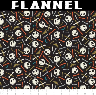 Disney Master Of Fright Skull & Bones Multi Glow Cotton Flannel Fabric BTY - Image 1 of 2