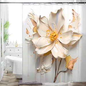 Elegant Beige White Floral Shower Curtain for Modern Bathrooms Large Flower - Picture 1 of 11