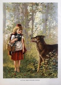 Grabado litografía impresión artística antigua con capucha roja de 1890 - Imagen 1 de 3