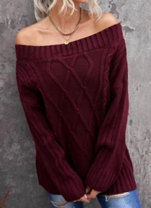 New Burgundy Cable Knit Off Shoulder Tunic Sweater size Small S - Picture 1 of 1