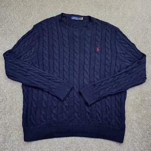 Polo Ralph Lauren Cable Knit Sweater Mens XL Cotton Navy Blue Red Pony - Picture 1 of 9