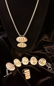 Vintage Tiger Cowrie Shell Sterling Silver Bracelet, Popcorn Necklace, Ring Set - Picture 1 of 12