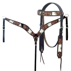 Hair On Western Saddle Tack Floral Tooled Headstall Bridle & Breast Collar Set - Picture 1 of 5