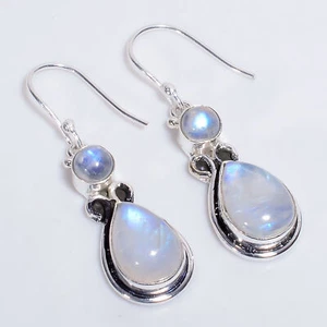 Moonstone Gemstone Vintage Handmade 925 Sterling Silver Earrings 1.8" Q779 - Picture 1 of 5