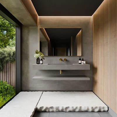 Einzel Waschbecken Waschtisch Betonoptik Grau Matt mit Ablage - Handgefertigt - Bild 1 von 2